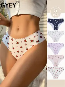 5 Pack Women's Seamless Panties Set - Romantic Floral Print for Valentine's Day Low Rise No Show 5 Colors Soft Nylon Spandex Blend Everyday Comfort Fashion Comfy Underwear