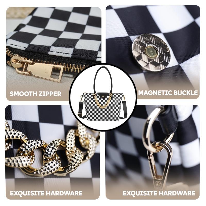 Checkerboard Oxford Crossbody Tote Bag for Women – Lightweight Fashionable Bag with Smooth Zipper