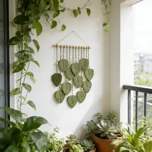 Macrame Wall Hanging Boho Style, Handmade Beaded Fringe Leaf Background Decor, Bed Headboard Backdrop Rug, Wall Art Decoration, Plant Leaf Pattern, Interior Wall Decor