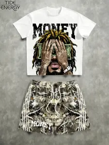 Men's Camouflage 2-Piece Set, Breathable Casual Tropical Dreadlock Print T-Shirt + Camo Shorts, Perfect for Daily Wear and Parties