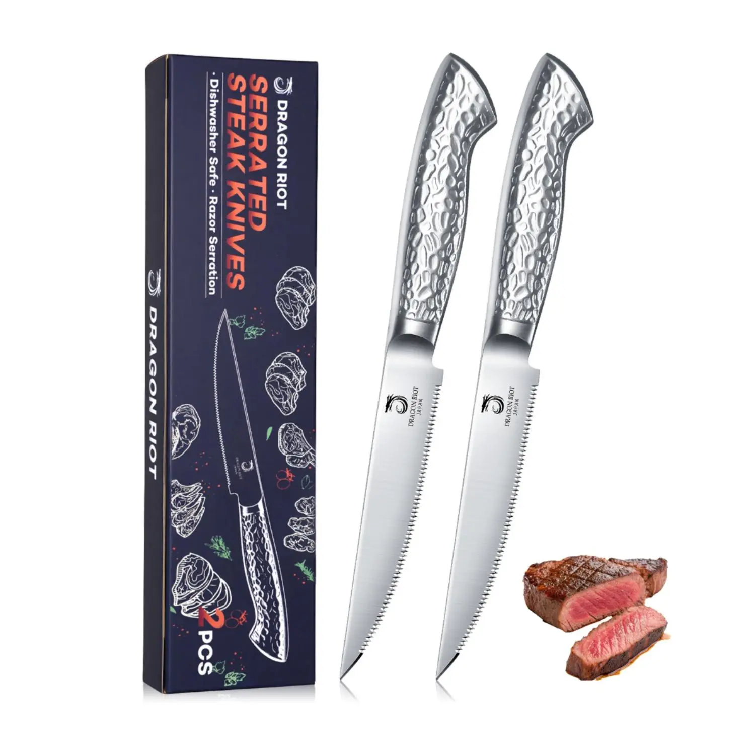 Huusk knives Steak Knives Set of 2 Serrated Edge Steak Knife Set Japanese Stainless Steel Dinner Knife Diswasher Safe Steak Knives with Box