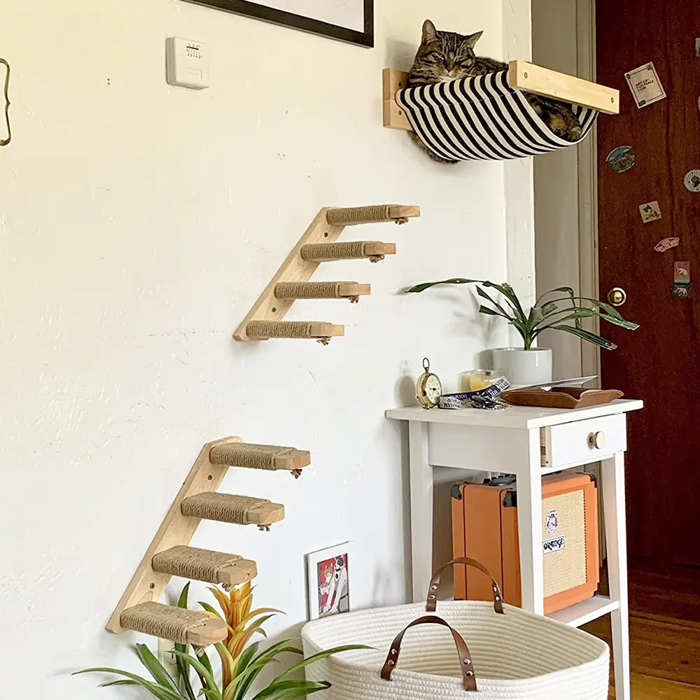 3-Piece Pine Wood Wall-Mounted Cat Hammock Shelves Set with Scratching Posts, Step Ladder, Clawing Steps, 4-Point Fix, #backtoschool,Strong Support, Indoor Cat Climbing & Playing Furniture, Four-Point Fix Animal Home