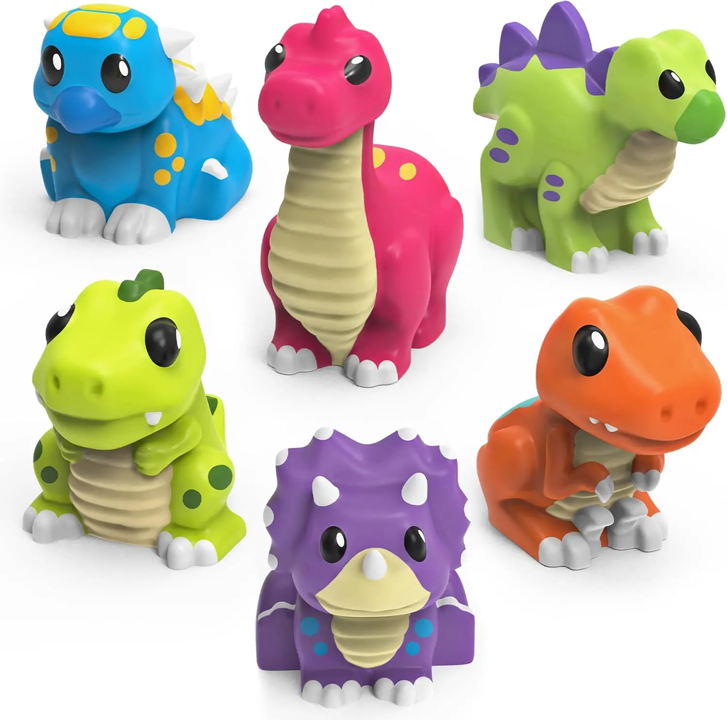 Tub Works 6-Pack Dinosaur Bath Toys for Babies, PVC-Free, Unisex, Mold-Free Sealed No-Hole Design, Soft Squeezable, Easy-Grip, Waterproof, Floating Baby Pool Toys