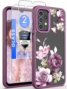 Phone Case for Samsung A23 4G/ 5G Case, Galaxy A23 Case Tempered Glass Screen Protector,Military Grade Drop Tested Hard Back & Soft Edge Slim Flower Women Girls Phone Protective Cover for A23 5G (Purple)