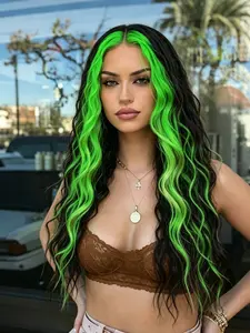Green Striped Black Deep Wave Lace Front Wig, Long Curly Green 13x4 Lace Front Synthetic Wig, Natural Hairline, Loose Big Curly Synthetic Lace Front Wig, Heat Resistant Fiber, Suitable for Daily Wear, Cosplay and Stage Styling, 28 Inch