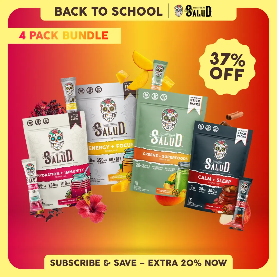 Salud 2-in-1 [All-In-One Bundle] Agua Fresca Drink Mix, Energy + Focus, Hydration + Immunity, Greens + Superfoods & Calm + Sleep, Organic Caffeine, Electrolytes, Probiotics, Melatonin, Non-GMO, Vegan (4-Pack, 60 Servings)