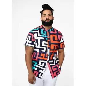 Oumar Men's African Print Mandarin Button-up Shirt (Confetti Kuba)
