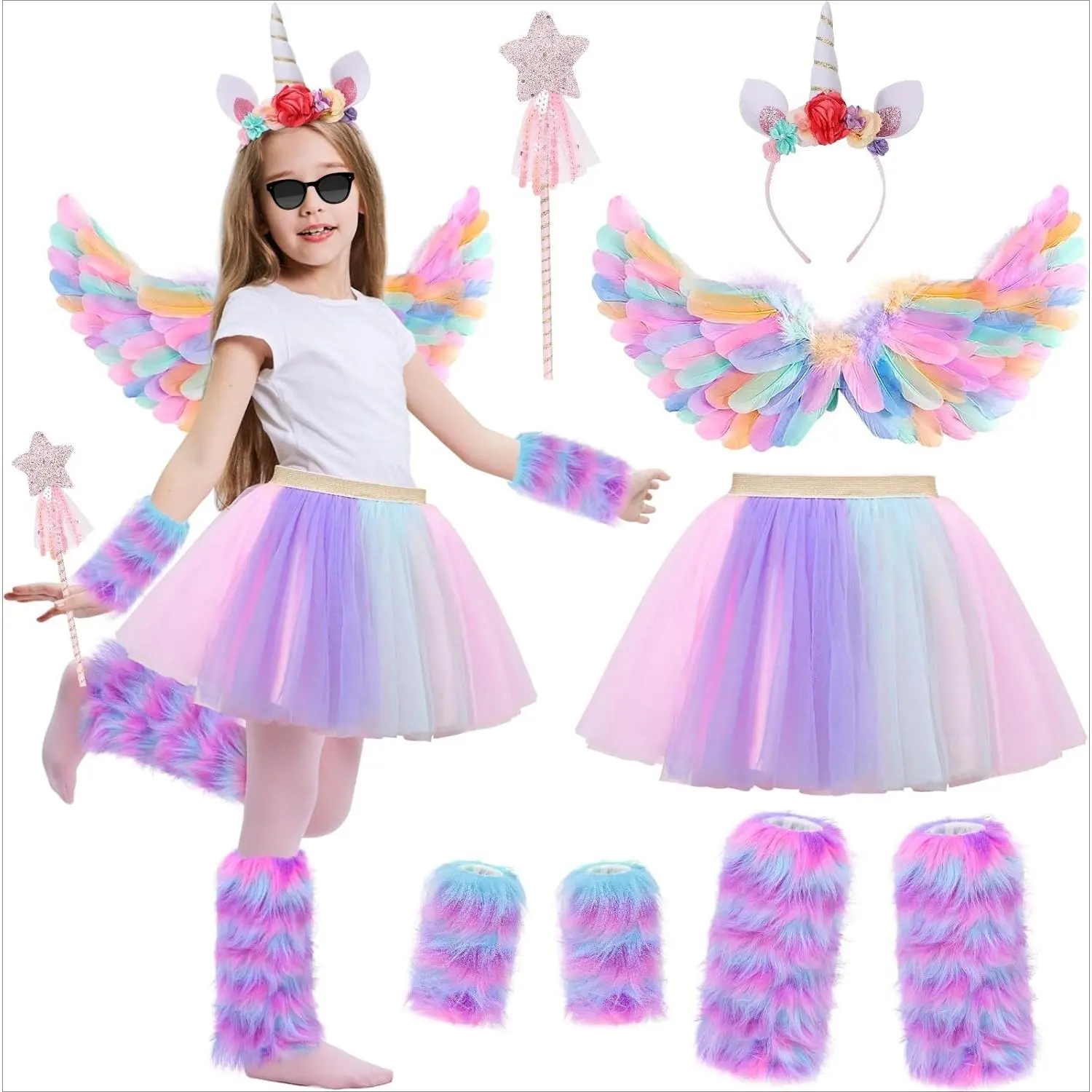 Unicorn Costume Dress for Girls, Adjustable 6-Piece Fantasy Set with 12-Inch Tulle Tutu Skirt, Feather Wings, Furry Hooves, Elastic Cuffs & Wand for Ages 3-8, Star Wand, Fluffy Leg Warmers