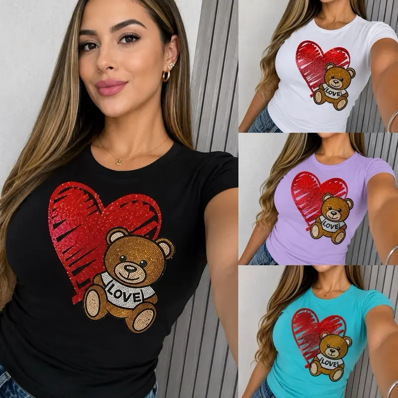 Women's Cute Kawaii Aesthetic Rhinestone Teddy Bear Heart Stretch Round Neck Short Sleeve T-Shirt (TU561) - Comfortable Casual Fashion Top, S-M-L, Shortsleeve, Fit, Style, Stretch Fabric, Heart Motif, Clothes, Snug Fit, Pull On