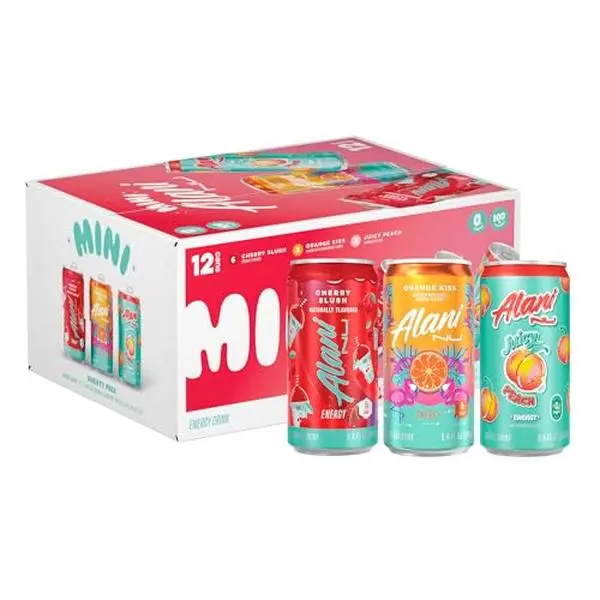 Alani Nu VARIETY PACK (CHERRY SLUSH, JUICY PEACH, ORANGE KISS), Low Calorie Drinks, 100mg Caffeine, Biotin, B Vitamins, Zero Sugar, 10 Calories or Less, 8 Fl Oz Cans, 12 Pack