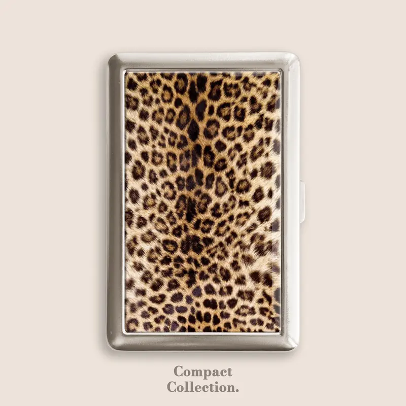 Vintage Stainless Steel Press-Open Cigarette Case with Dripping Epoxy Resin Leopard Pattern - 100s Ready, Women's Metal Blunt Accessory, 4"l x 2 2/3"w x 2/3"h Home Organizer, Business Card Holder, Button Function, Great Gift for Men, Women, Friends