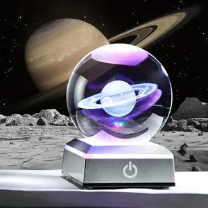 3D Saturn Crystal Ball, Outer Space Planet with Silver LED Base, Glass Sphere Miniatures Saturn Lamp Astronomy Physics Science Gifts for Women, Men, Kid Home Decor (3.15 inch)