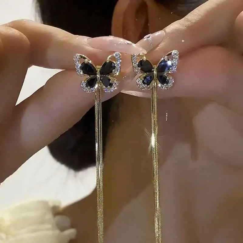 One Style Two-Way Ear Stud, Chic Elegant Delicate Versatile Women's Ear Jewelry, Rhinestone Butterfly Tassel Long Face-Slimming Earrings HNAN40