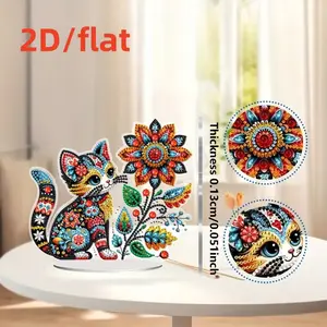 2D/fIat 1 piece DIY diamond painting desktop decoration, flower cat pattern diamond painting set with acrylic bracket desktop decoration mosaic craft set suitable for family, party, New Year decoration gift box