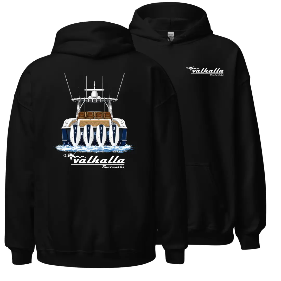 Valhalla Stern Hoodie, Sportfishing Boat Graphic Pullover, Soft Cotton Apparel, Offshore Boating Hoodie for Men & Women, Yacht Lover Gift