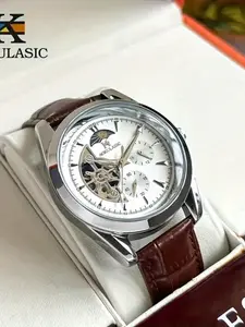 Men's Automatic Mechanical Watch, Hollow Design, Moon Phase Dial, Casual Fashion, Band, All Seasons Wear, Gift Box Included, Mechanical Style Watches