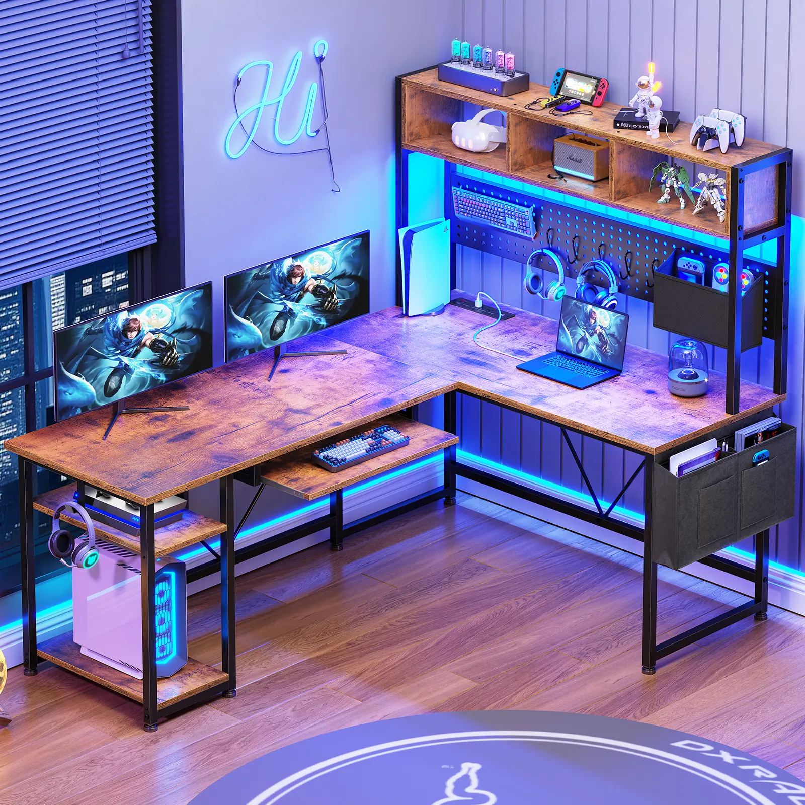 Sedeta 57.5-in Thick Metal Sturdy L-Shape Home Office Desk - Modern Gaming Workstation, Engineered Wood Desk with Tray, Storage Organizer Shelf, Home Office Desks