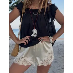 Boho Women's Lace Trim Satin Silk Shorts Shiny Elastic Waist Mini Shorts Pettipants Half Slip Shorts French Knickers Boyshorts for Dresses Full Coverage Underwear Lounge Pants