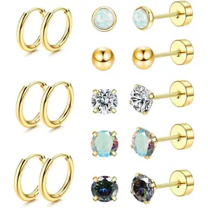 Stainless Steel Stud Hoop Earrings for Women Men Small Opal Ball CZ Surgical Steel Flat Back Earrings Cartilage Earrings Jewelry