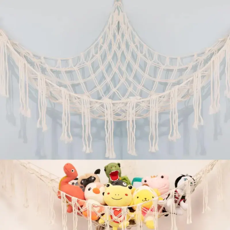 Large Stuffed Animal Toy Hammock Net, Decorative Storage Organizers, Hangable Mesh Organizer for Kids’ Nursery & Bedroom Wall, Includes Hooks & Hanging Baskets