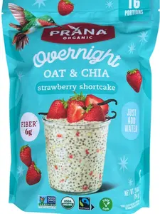 PRANA Organic Overnight Oat & Chia - Strawberry Shortcake 16 Portions 10.2 oz Fiber 6g USA Made Muesli Oatmeal Flavor Natural Sugar Instant High Protein Cereal Food Fruit Healthy