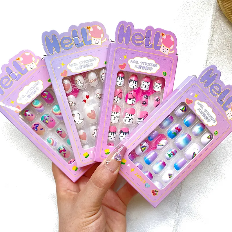24Pcs/Box Children False Nails Kids Cartoon Girl Press on Nail Short Artificial Fake Nail Safe Full Cover Acrylic Nail Tips Kits