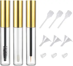 10ml Empty Mascara Tube Eyeliner Cream Container Bottle, Lip Gloss Bottle with 3 count Funnel & Rubber Inserts for Castor Oil Golden (Set 03)