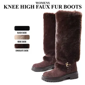 CYNLLIO Womens Knee High Snow Winter Boots Faux Fur Rounded Toe Platform Heels Fashionable Buckle Side Zipper Comfy Office Party Nightclub Outdoor Walking Casual Spring Suede Boots