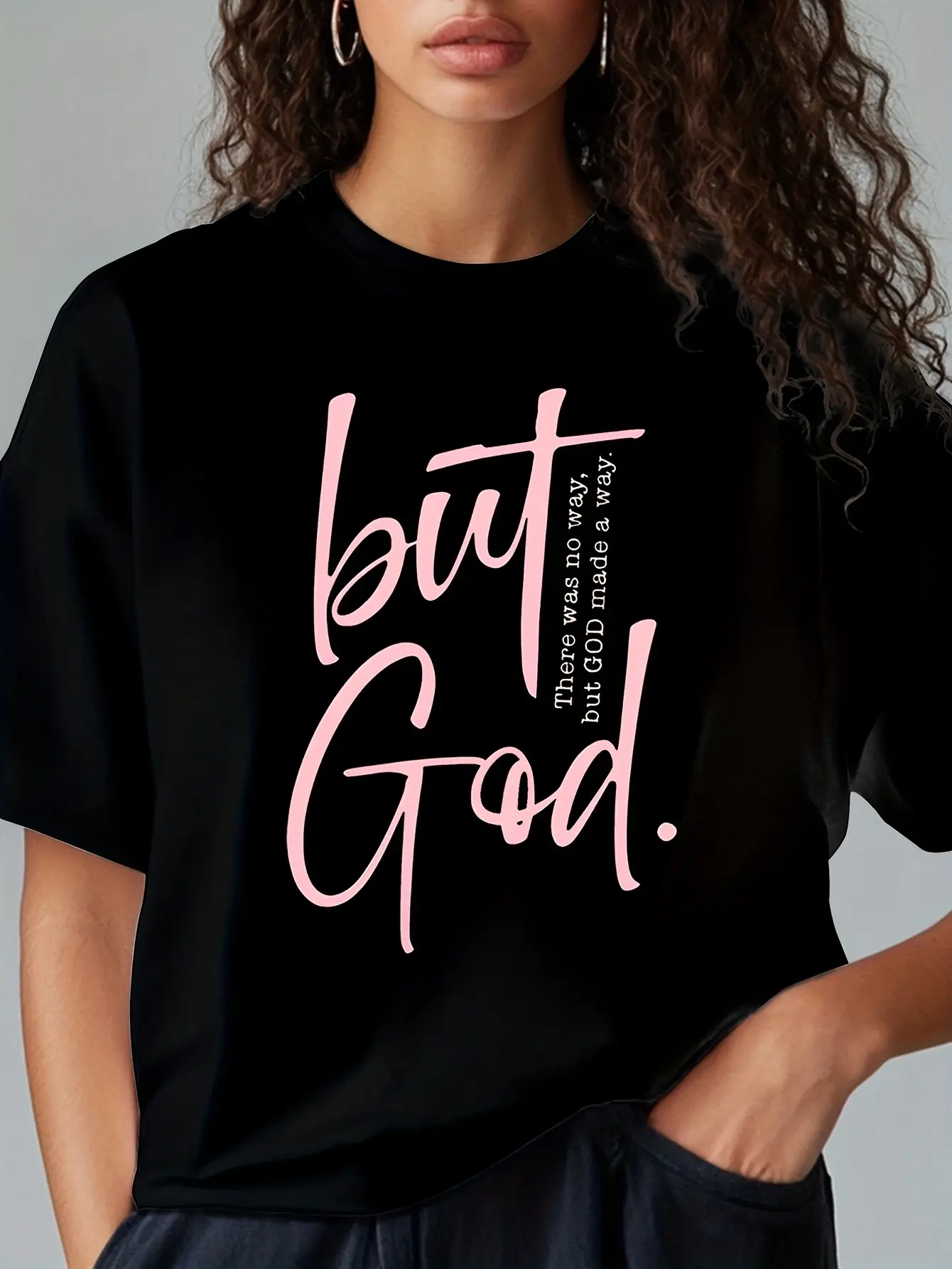Women's 100% Cotton Pink Script Christian Graphic Tee, "But God There Was No Way But God Made A Way" Faith Top, Casual Womenswear T-Shirt