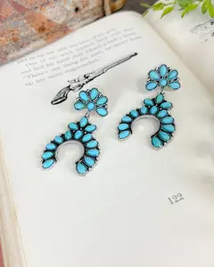 Western Squash Blossom Earrings - Silver/Turquoise