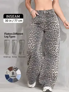 Women's Leopard Print Jeans, Multicolor High-Waisted Loose Leg Denim Pants, Valentine's Day Gift, Post-Apocalyptic Casual Streetwear for All Seasons, Aesthetic Womenswear