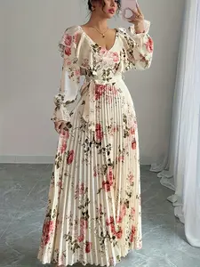 Elegant Floral Print A-Line Woven Dress, Long Sleeve V Neck Ruffle Hem, Ruffled Bow Design, Slim Fit, Fitted, Perfect for Vacation & Daily Wear