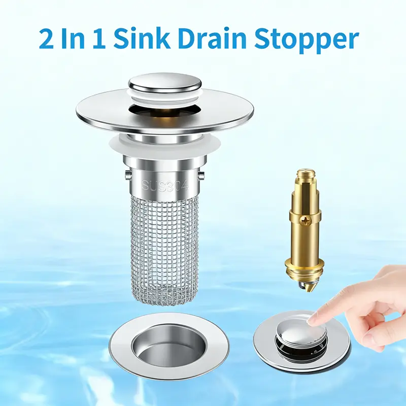 Bathroom Sink Stopper & Handheld Shower Head Set, Brass-Steel Durable Modern Anti-Odor Bouncing Core Drain Plug with 2 Rubber Rings, ABS Anti-Clogging Basket Strainer, Stainless Steel Drain Control Universal Bathroom Gadget (In Box)