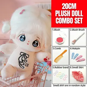 20cm Plush Cotton Doll DIY Set - 7-Piece Set with Bare Doll, Blush Powder, Blush Brush, Comb, 2 Pairs Hair Clips, 8 Elastic Hair Ties & Floral Dress - Dress-Up Toy Gift, Cuddly Doll Gift for Girls, DIY Craft Enthusiasts & Doll Collectors