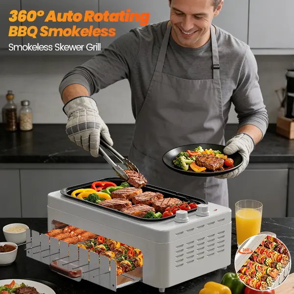 XHJ 1500W Smokeless Indoor Electric Grill, Portable 3-in-1 BBQ with 360° Auto-Rotating Hot Dog Roller & Kabob Skewers, Dual-Zone Griddle & Grill, Precise Temp Control, Dishwasher Safe Non-Stick, Gift for Home Party & Camping
