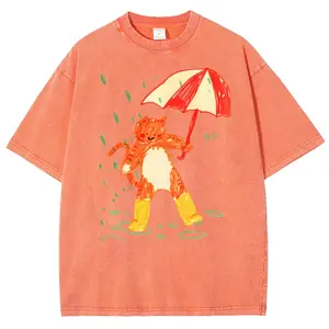 Vintage Washed Tee Cute Rainy Day Cat With Umbrella Doodle Art Vintage Washed Heavyweight Wash Oversized T-Shirt