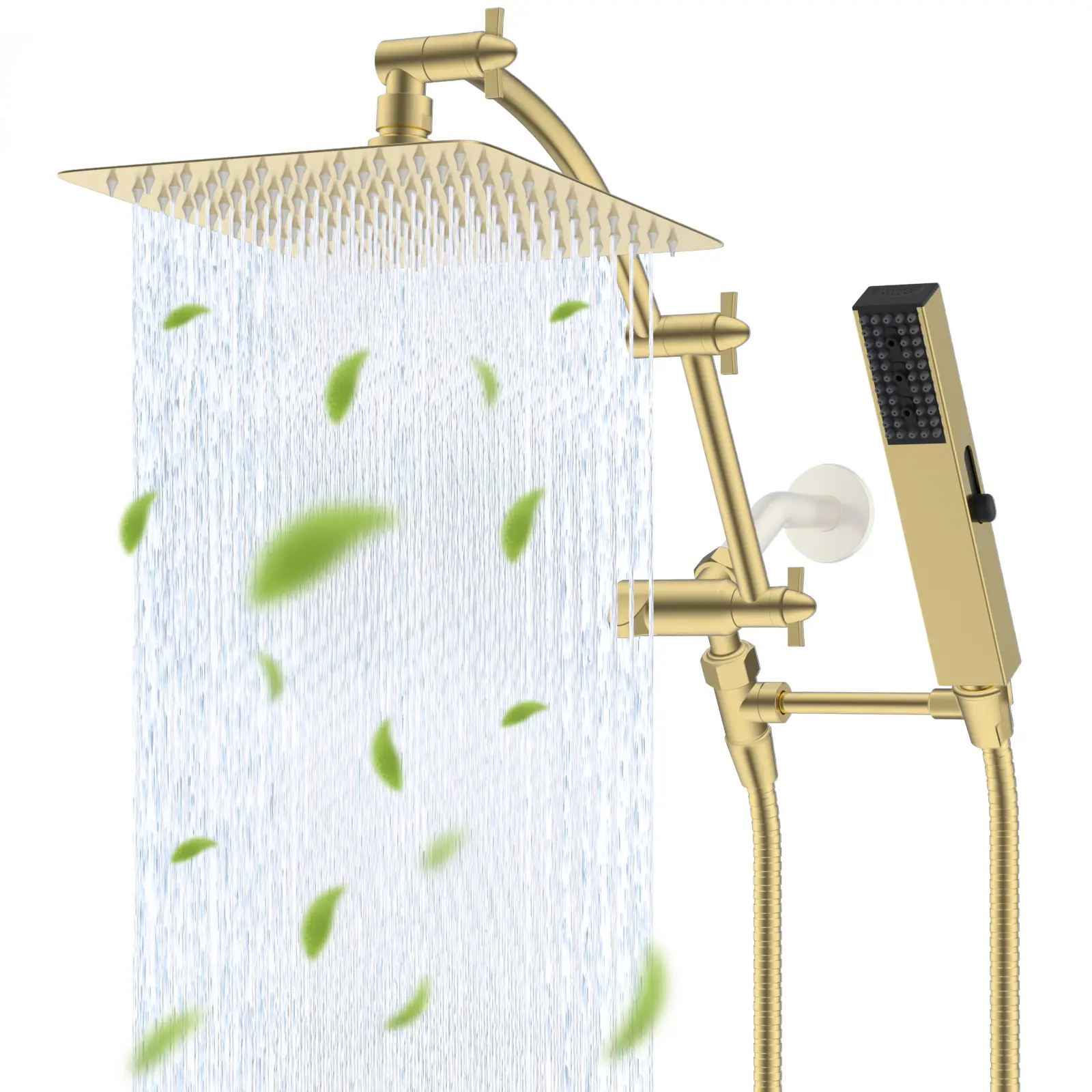 Hibbent All Metal 10'' Rainfall Shower Head, Shower Head Combo, High Pressure Handheld Shower Wand, 4 Sprays, 16'' Adjustable Arc-shaped Extension Arm, 71'' Hose, Showerhead Holder, Brushed Gold,home essentials