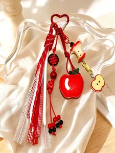 Cute Braided Apple Keychain, Trendy / Fruit Tassel Bag Charm, Heart Clasp, Leather Apple Pendant, Ideal for Girls and Teens, Keychain Accessories