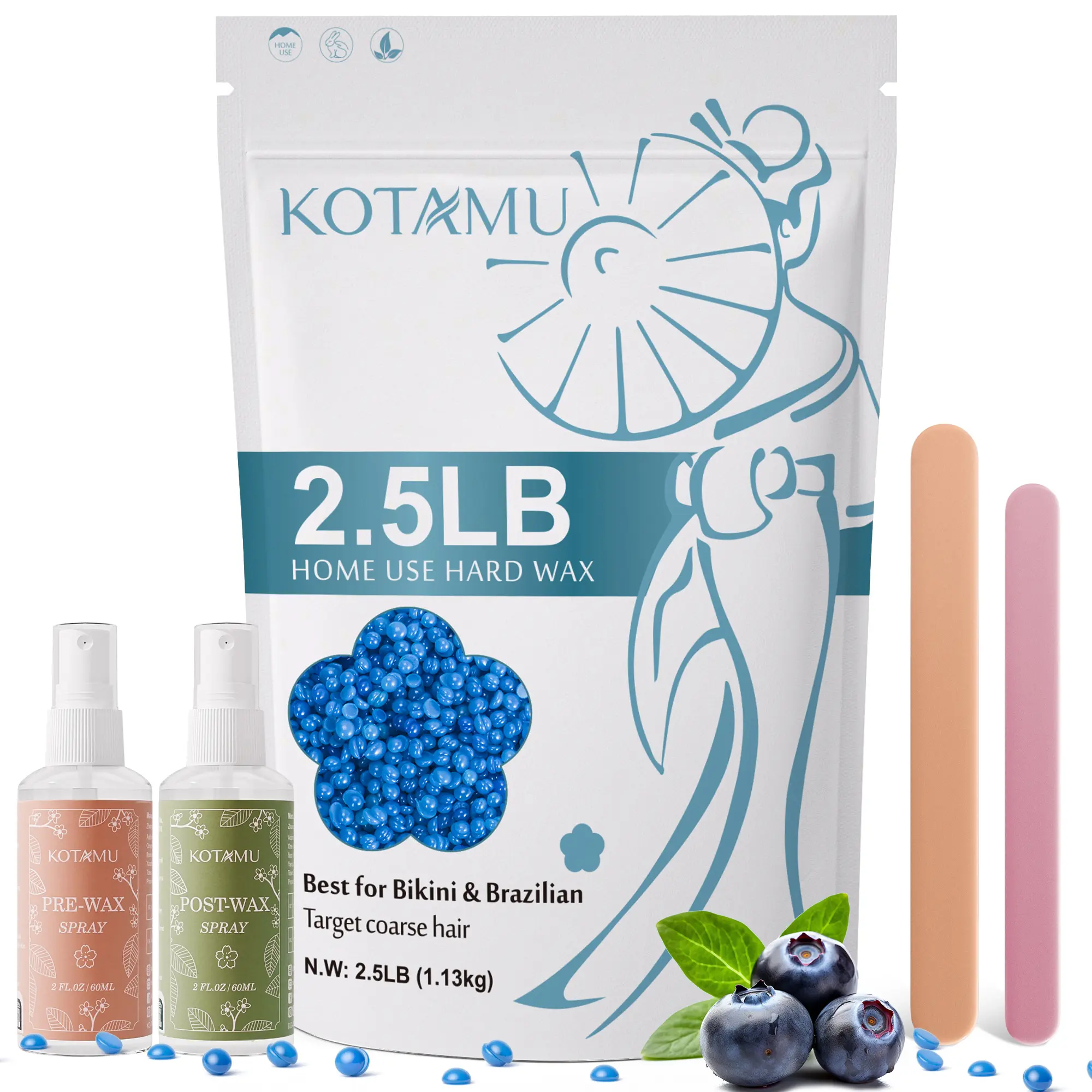KOTAMU Wax Beads, 2.5lb Hard Wax for Bikini Brazilian Sensitive Skin Facial Leg Body Waxing, Professional Waxing Beads Target Coarse Hair Removal, Blue Wax Beans for Women Men at Home & Salon Use Pre Shave Oil Foot Care Cream Cosmetic