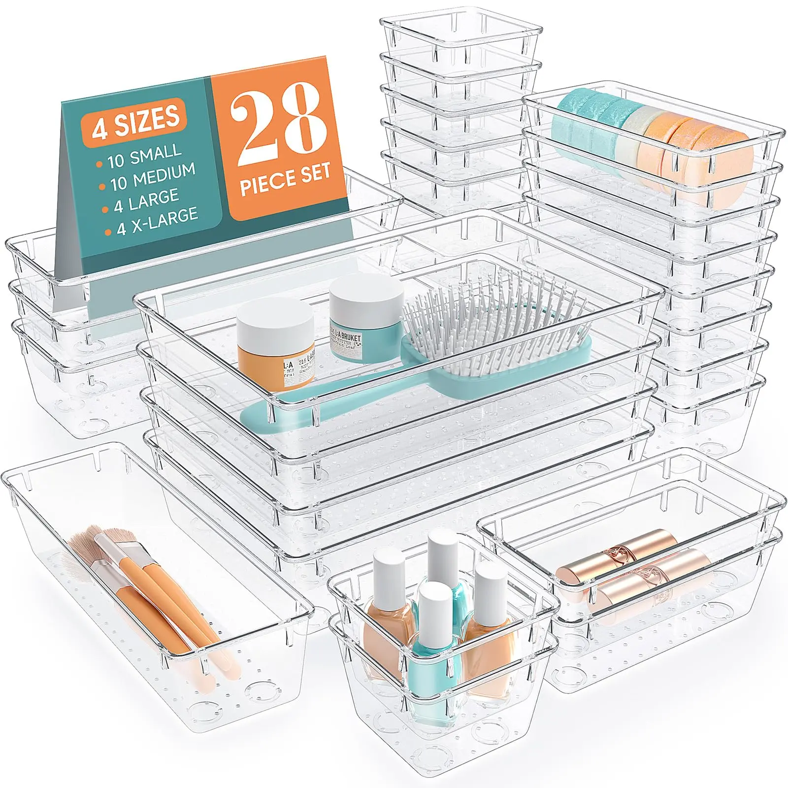 Clear Plastic Organizer Set 28 PCS - 4 Size Trays for Makeup, Jewelry, Kitchen Utensils & Office Accessories with Non-Slip Design