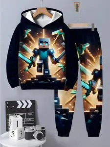 Boys' Fun Printed Hoodie and Sweatpants Set, Comfortable Casual Wear, Soft and Cozy, 3D Fashion Kids, Long Sleeve Top + Pants, Sweatshirts
