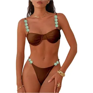 Women's Push Up Bikini Set Underwire Tie Back Beaded Thong Swimsuits 2 Piece Bathing Suit