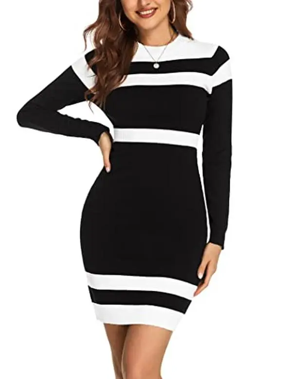 Womens Colorblock Striped Long Sleeve Cotton Knit Sweater Bodycon Dress XS-XXL