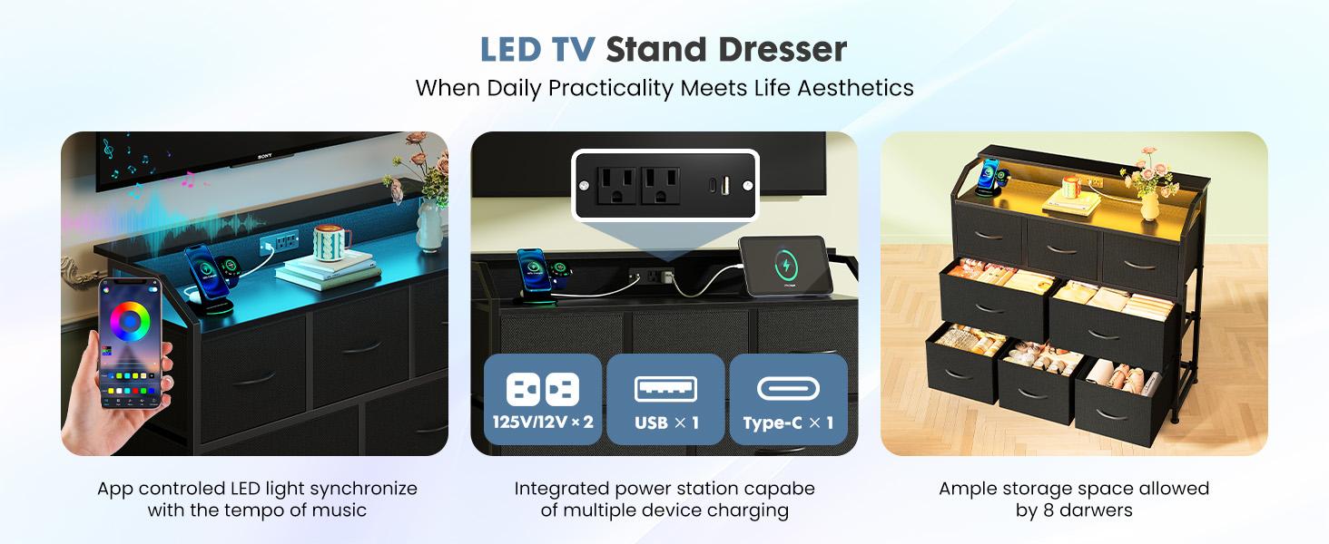 8 Fabric Drawers Dresser with Power Outlets LED Light, Multifunctional TV Stand Storage Cabinet for Bedroom, Living Room, Office, Hallway 8 Fabric Drawers Dresser with Power Outlets LED Light, Multifunctional TV Stand Storage Cabinet for Bedroom, Living Room, Office, Hallway