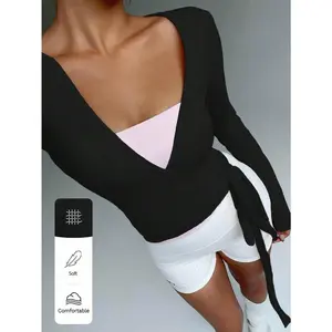 Pink Yoga Fitness Sports Stretchy Soft Open Front Tie-Up V-Neck Wrap Long Sleeve Cropped Tight Tee, Fashionable Minimalist Casual Elegant Wardrobe Essential Design For Women, Spring/Autumn Fall Cloth For Women