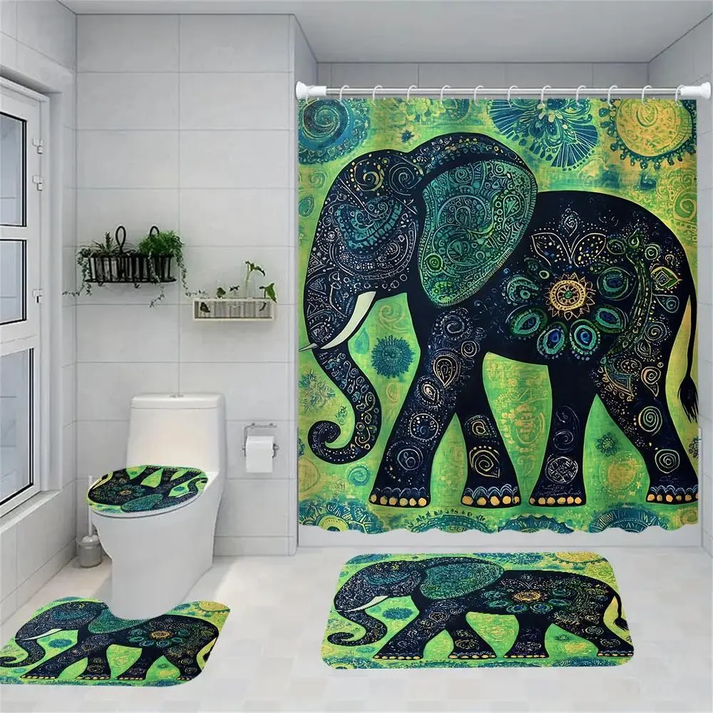 4pcs Green and Blue Pattern Elephant Vintage Art Style Bathroom Set, Including Shower Curtain, Non-slip Bath Mat, Toilet Lid Cover, Bathroom Rug, and 12 Plastic Hooks. Bathroom Accessories, Gift, Home Decor