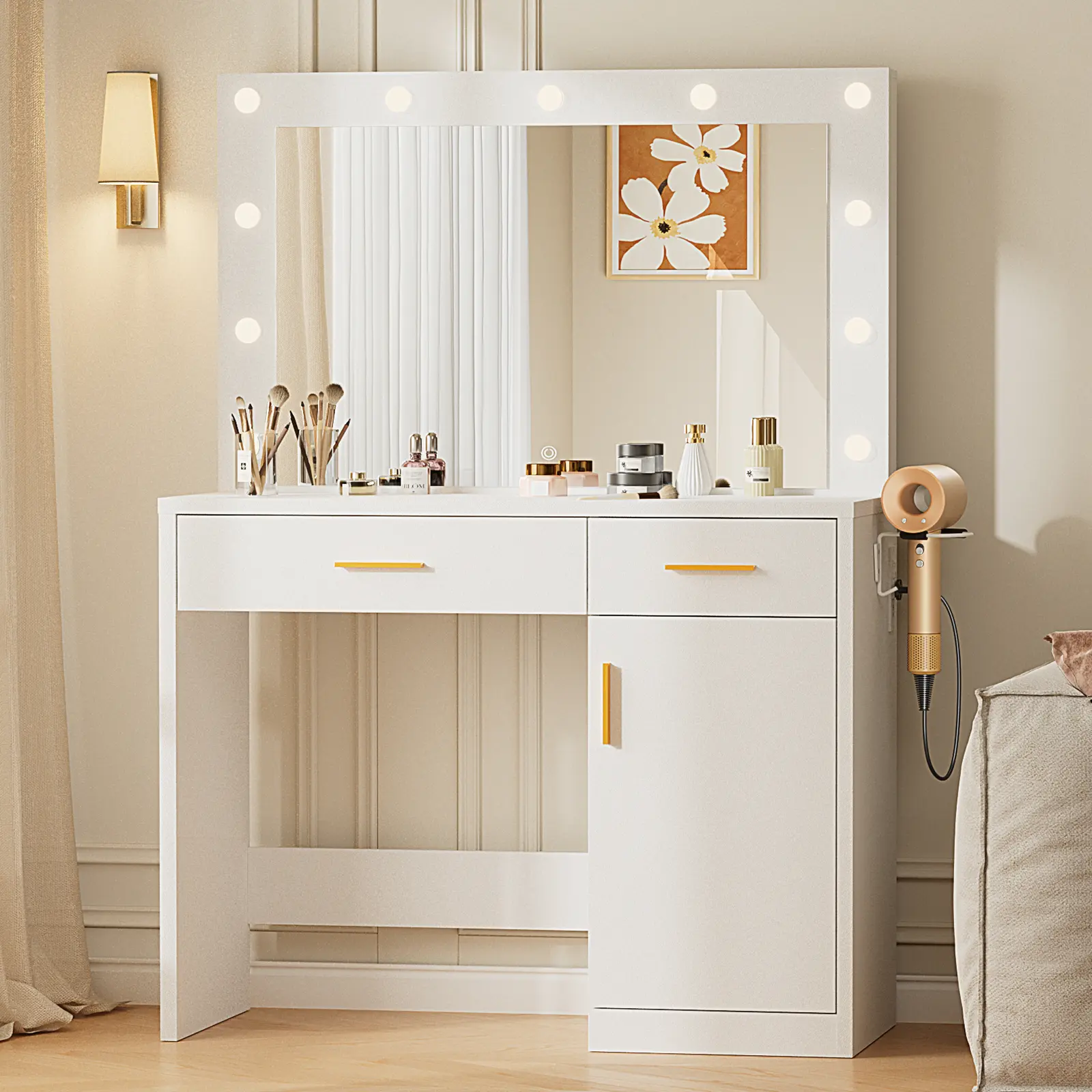 Vanity Desk with Mirror, Makeup Vanity Table with Charging Station (2AC/USB/C), Dressing Table with 2 Drawers & Large Cabinet