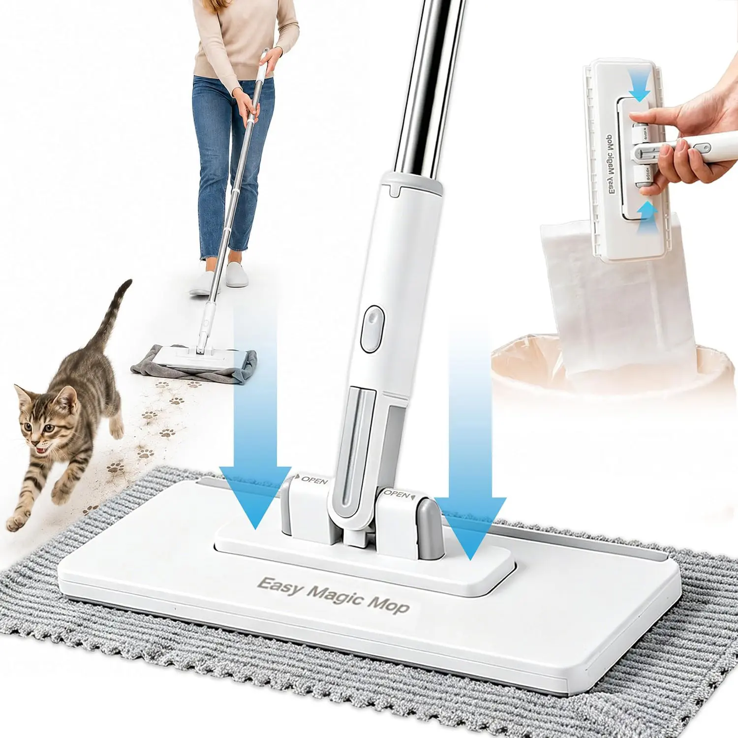 Hands-Free Flat Mop with 48 in Stainless Steel Handle, Clip Snap Grip, No-Touch Dirty Cloth Release, 4 Reusable Cloths, Adjustable Durable Home Cleaning Tool for Floors, Walls, Flat Shape