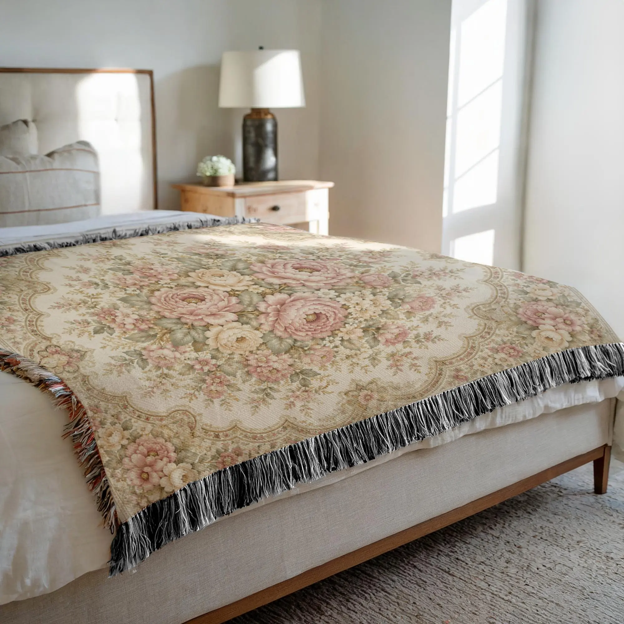 Slavic Babushka Floral Cottagecore Woven Blanket  Boho Throw "Anastasia"