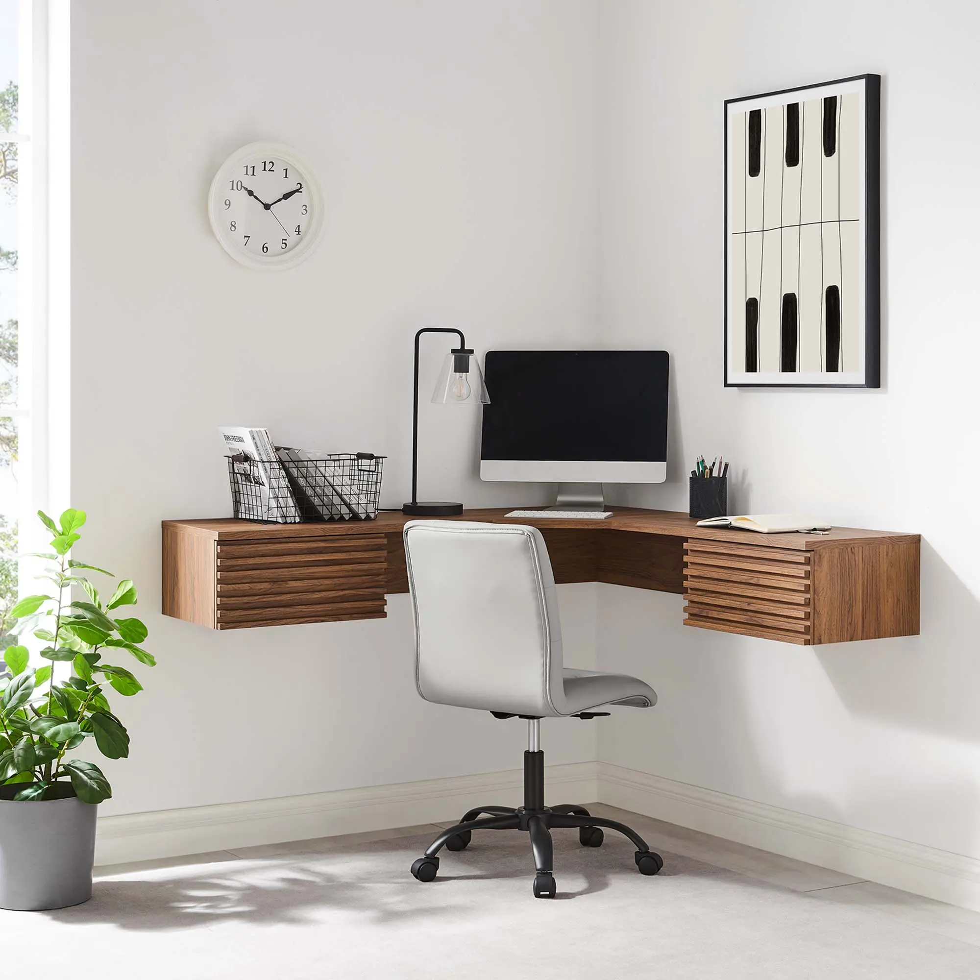 Modway Render Wall-Mount Corner Office Desk with Full-Extend Drawers, Walnut Finish Commercial Office Furniture